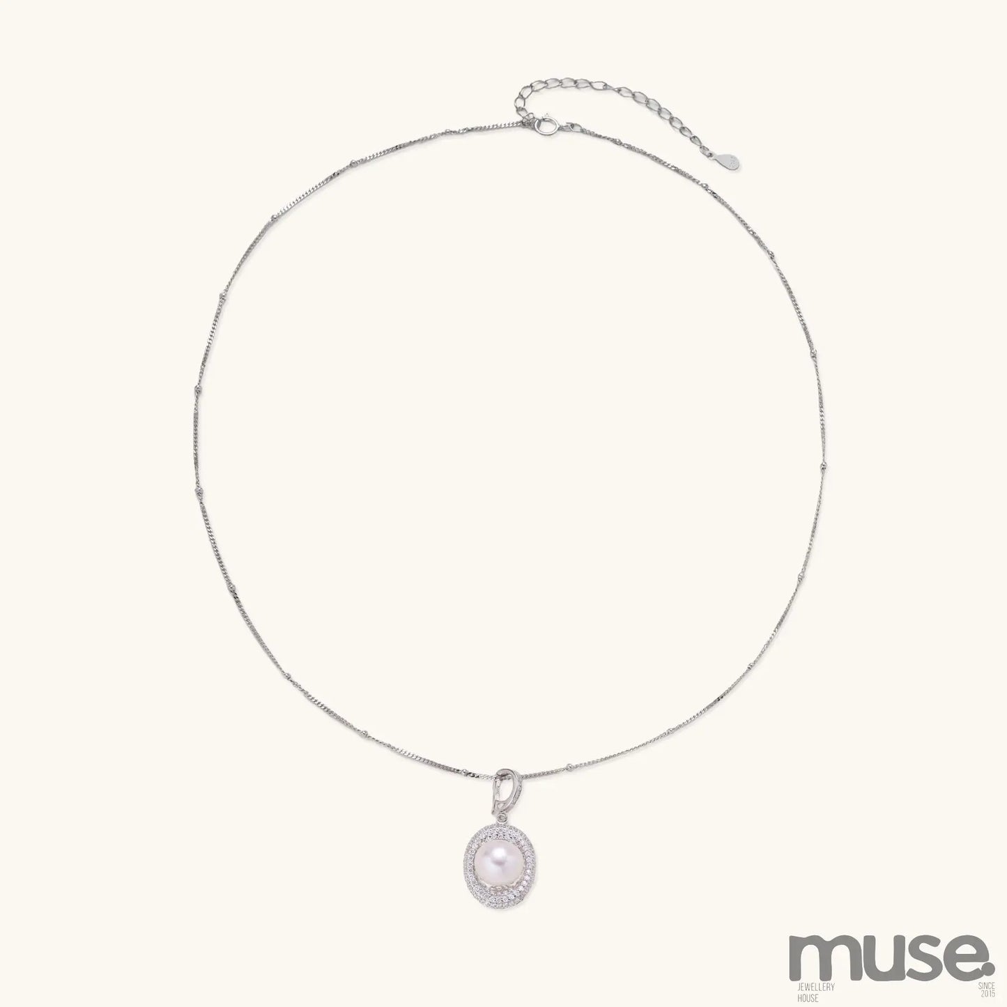 Sterling silver necklace with freshwater pearl in sparkling crystal halo pendant on delicate beaded chain