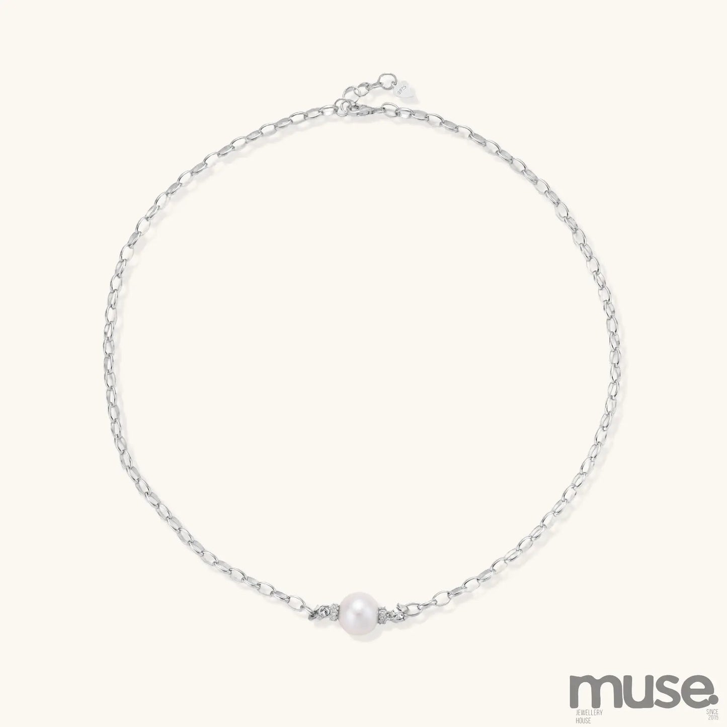 Sterling silver chain necklace with single white freshwater pearl centerpiece on neutral background, 445mm length.