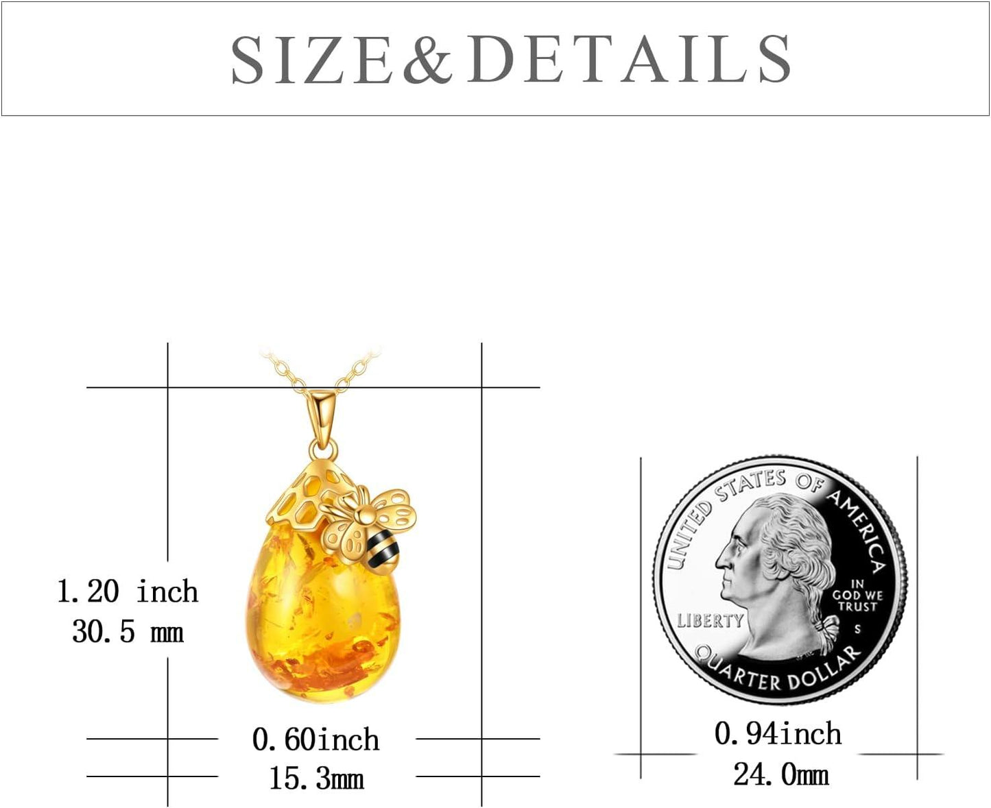 925 Sterling Silver Honeycomb & Bee Design Amber Teardrop Pendant Necklace for Women