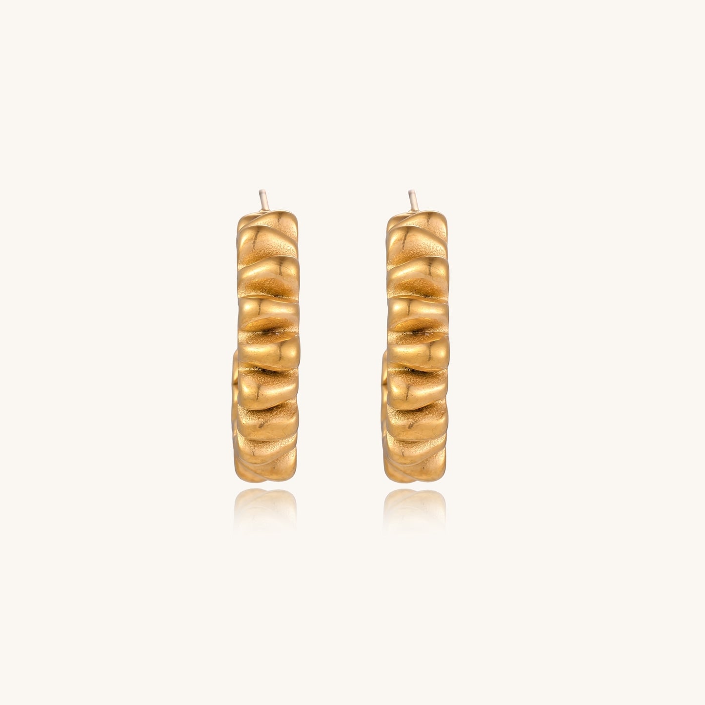 Gold-plated stainless steel earrings with twisted rope texture in various hoop sizes on neutral background.
