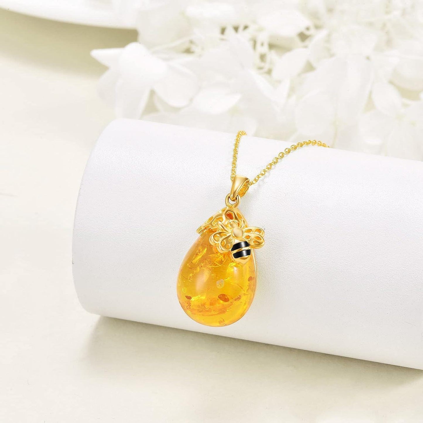 925 Sterling Silver Honeycomb & Bee Design Amber Teardrop Pendant Necklace for Women