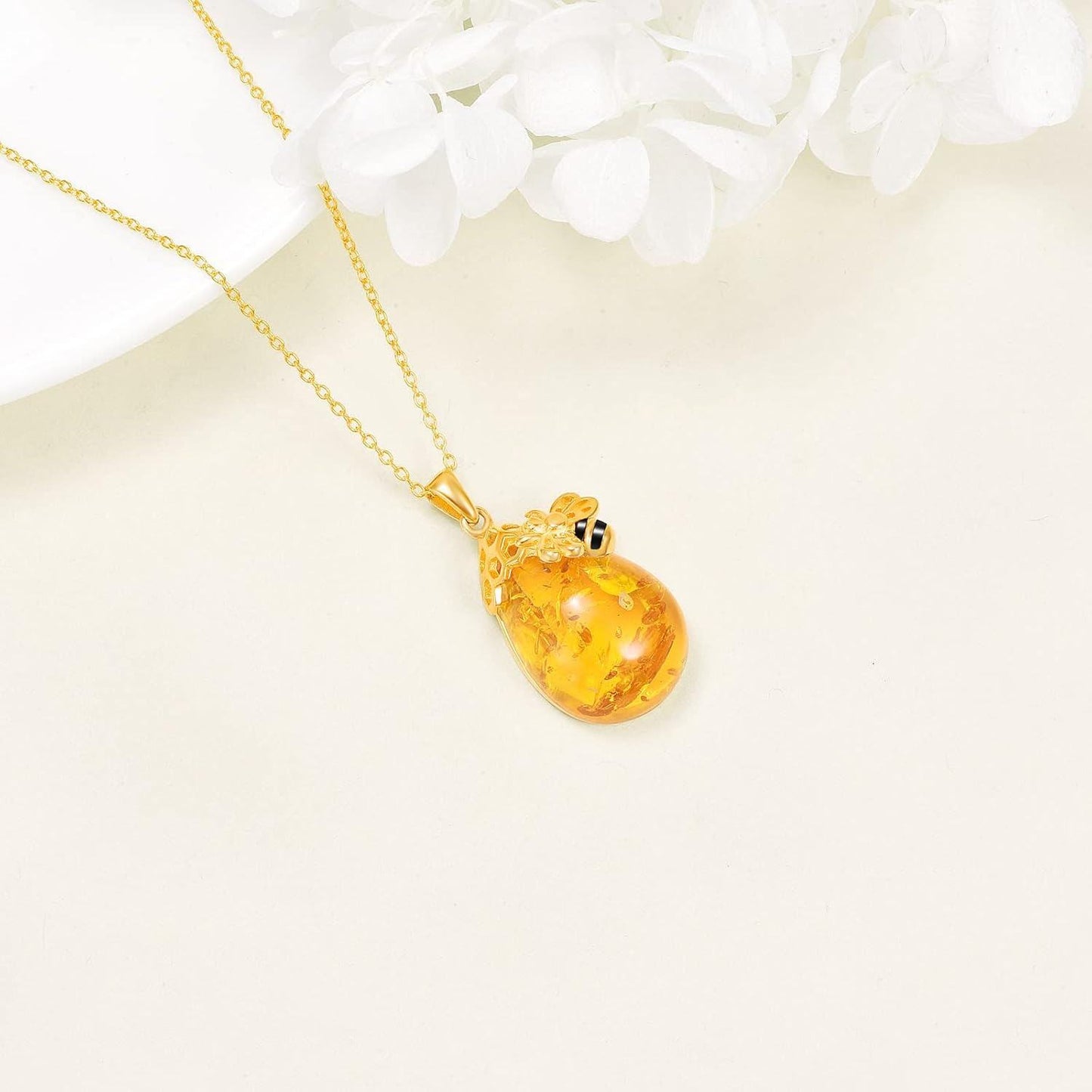 925 Sterling Silver Honeycomb & Bee Design Amber Teardrop Pendant Necklace for Women