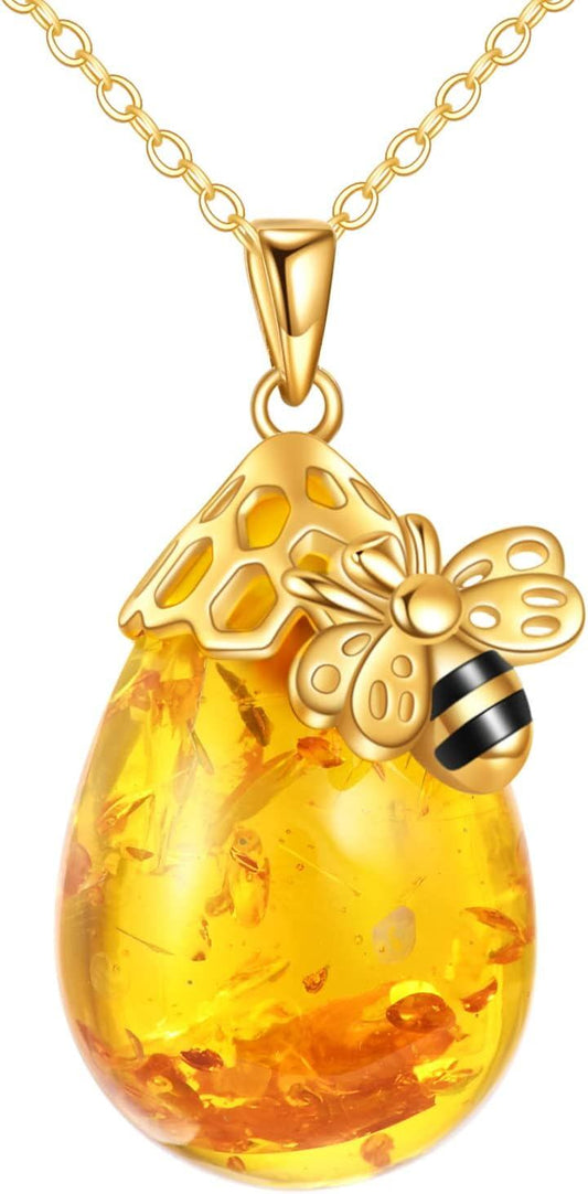 925 Sterling Silver Honeycomb & Bee Design Amber Teardrop Pendant Necklace for Women